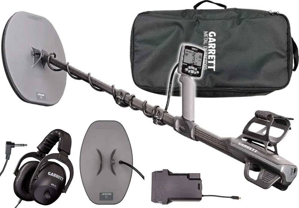 Garrett Axiom Metalldetektor mit MS-2 Kopfhörer, 13″ Mono und 11″ DD Suchspule